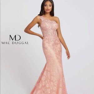Mac Duggal Metallic Lace Mermaid One Shoulder Corset Dress Soft Coral
